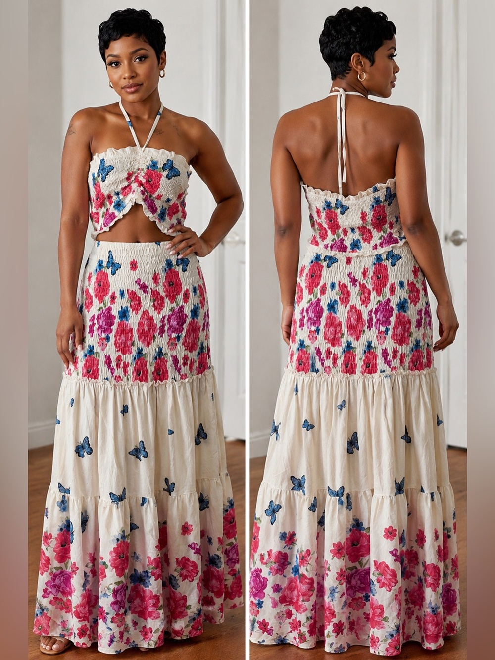 Chic me Floral print strapless tie neck cut out accent maxi dress size XL